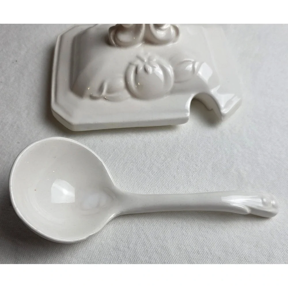 Vintage 50s Himark White Ceramic Fruit Embossed Tureen Lid Ladle Farmhouse Decor
